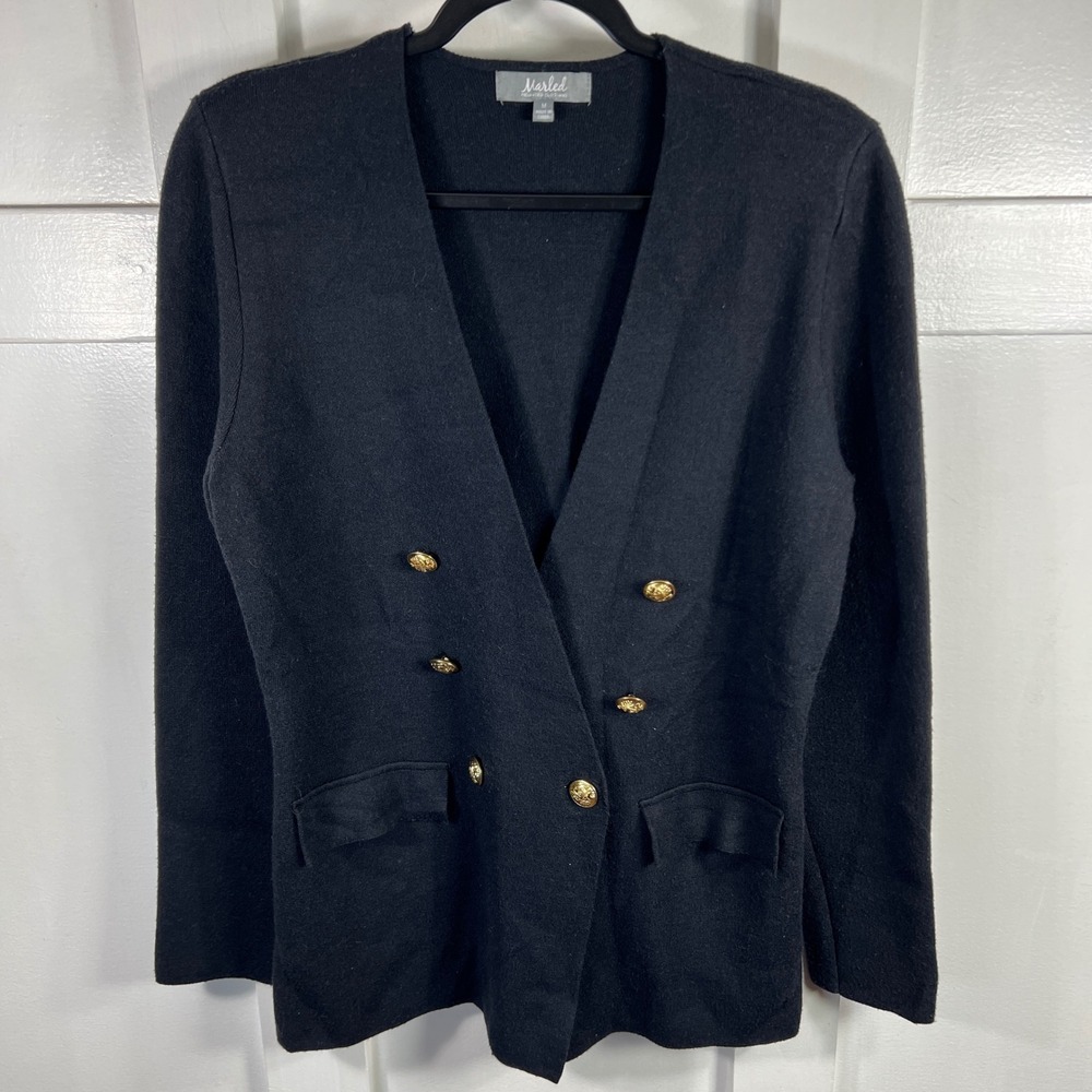 Marled Reunited Clothing Black Knit Double Breasted Blazer Cardigan Gold Buttons